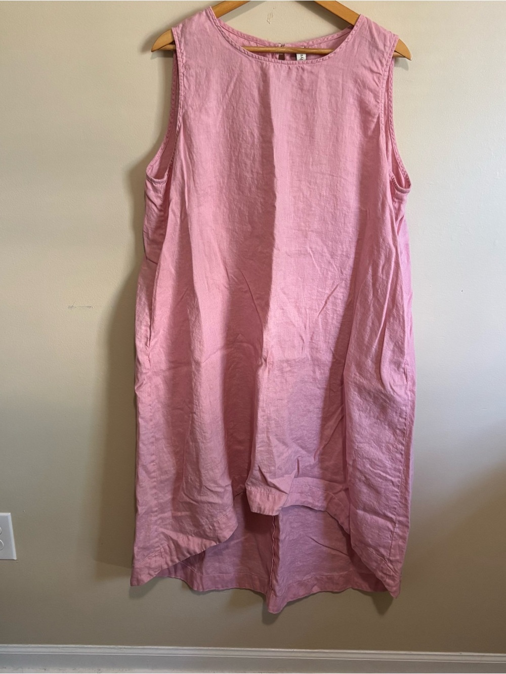 Amazhiyu XXL Baby Pink 100% Linen Shift Dress Pockets High Low Hem
